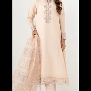 Embroidered Pastel Peach Straight Kurta with Matching Dupatta